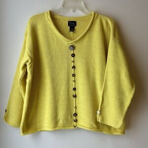 Pure Hand knit Cotton Sweater L/XL Yellow Artsy Buttons Colorful